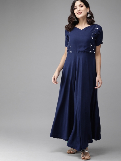 

Anyuka Women Navy Blue Solid A-Line Kurta with Mirror Work Detail