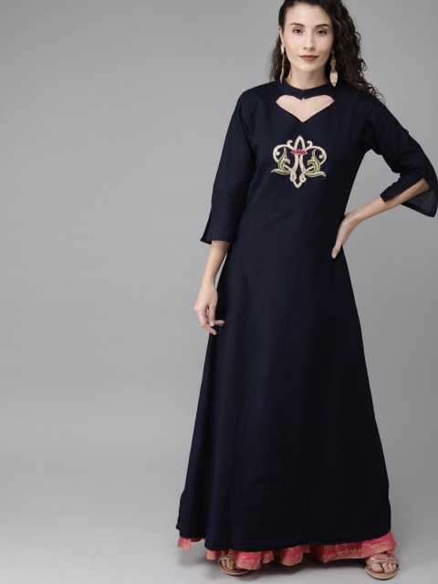 

Anyuka Women Navy Blue Solid A-Line Kurta with Embroidered Detail