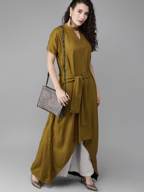 

Anyuka Women Olive Brown Solid A-Line Kurta with Tie-Up Detail