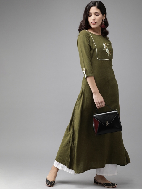 

Anyuka Women Olive Green Embroidered A-Line Kurta