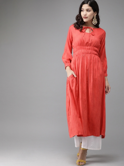 Anyuka Women Pink Solid A-Line Kurta with Smocking Detail