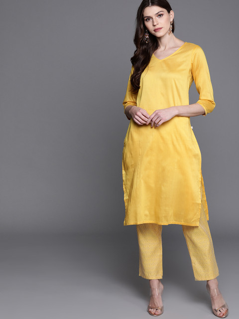 

AKS Couture Women Mustard Yellow & Golden Solid Kurta with Trousers