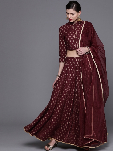 

AKS Couture Burgundy & Golden Printed Lehenga Choli With Dupatta