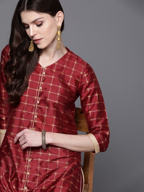 

AKS Couture Women Maroon & Golden Checked Kurta with Palazzos