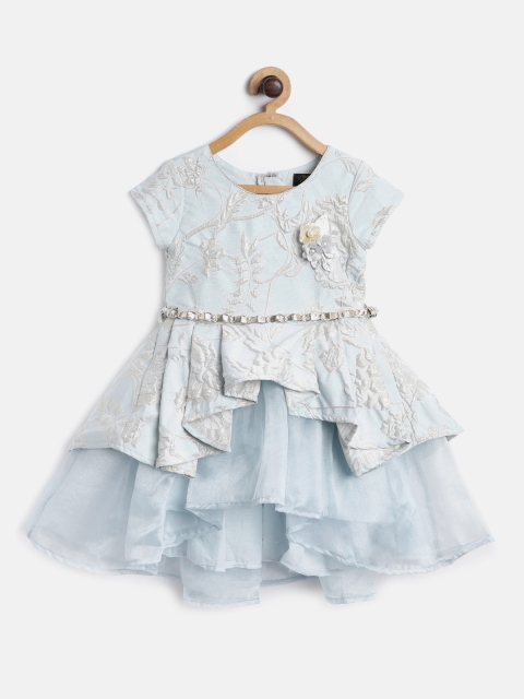 

Gini and Jony Girls Blue & Silver Floral Self Design Layered Fit & Flare Dress with Belt