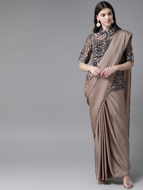 

AKS Beige Solid Saree with Stitched Blouse