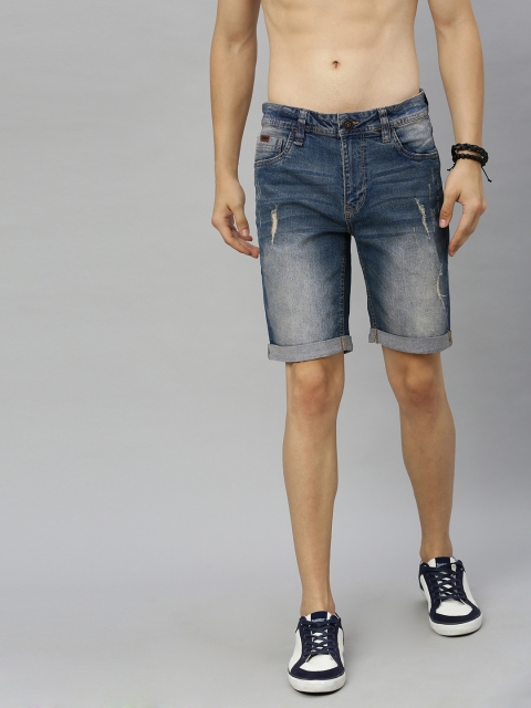 

Roadster Men Blue Washed Regular Fit Distressed Denim Shorts