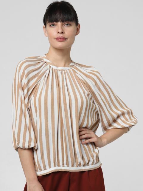 

Vero Moda Women White & Brown Striped Boxy Top