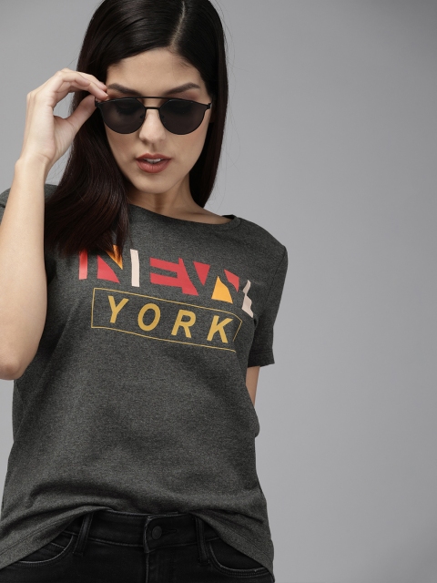

Vero Moda Women Charcoal Grey Printed Round Neck T-shirt
