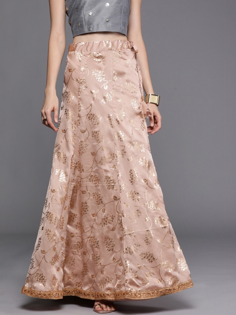 

studio rasa Women Pink & Gold-Toned Foil Print Georgette Satin Flared Maxi Kalidaar Skirt