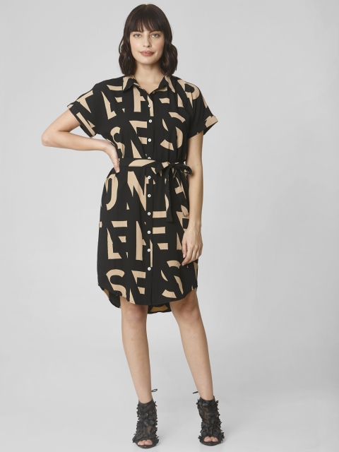 

Vero Moda Women Black & Beige Printed Shirt Dress