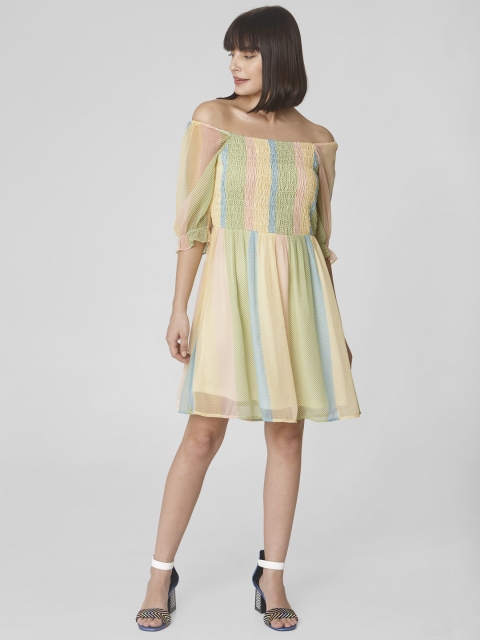 

Vero Moda Yellow Candy Striped Off-Shoulder Smocked Dress, Multi