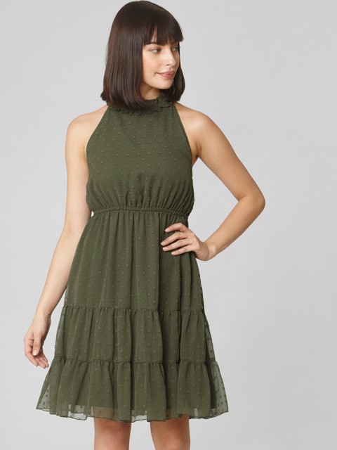 

Vero Moda Women Olive Green Self Design Fit and Flare Dress