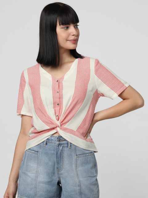 

Vero Moda Women Off-White & Pink Striped Regular Top with Twisted Detail