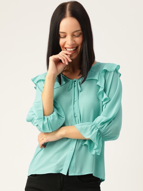 

Madame Women Blue Solid Bell Sleeved Ruffled Top