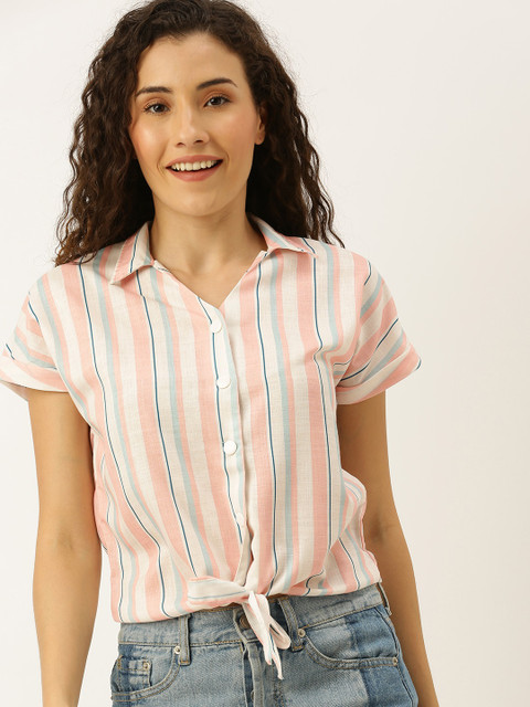 

Madame Women Off-White & Pink Candy Striped Shirt Style Top With Tie-Up