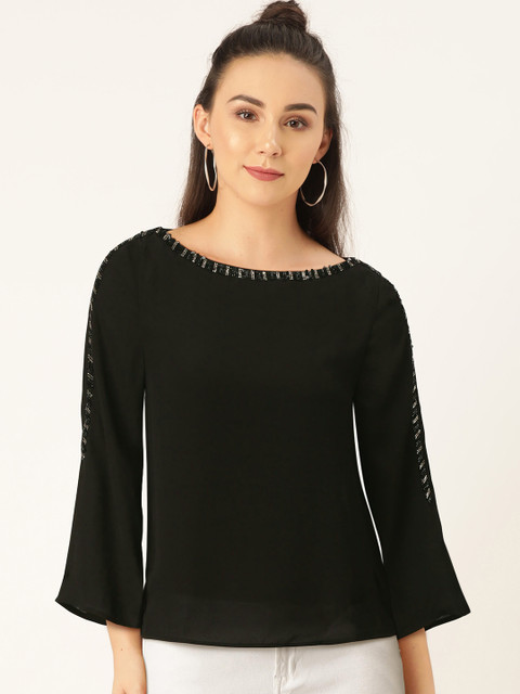 

Madame Women Black Solid Semi Sheer Top