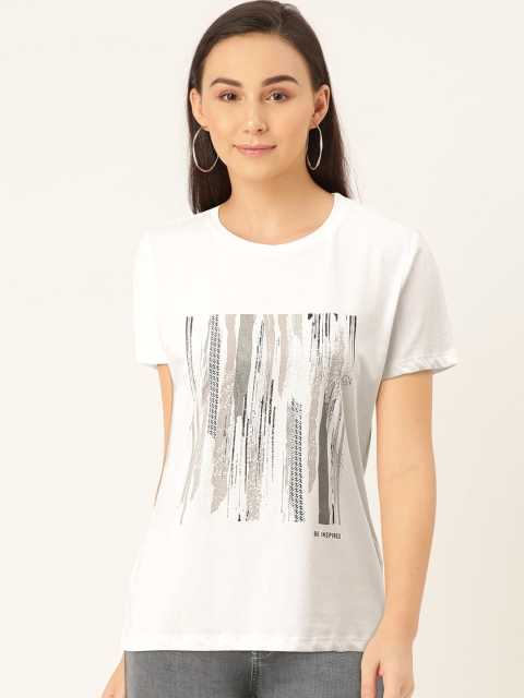 

Madame Women Off-White & Grey Printed Round Neck T-shirt