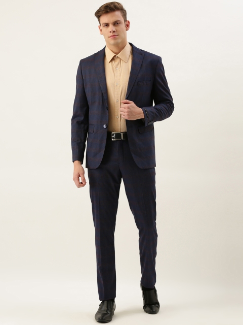 

Peter England Men Navy Blue & Brown Checked Single-Breasted Neo-Slim Fit Party Suit