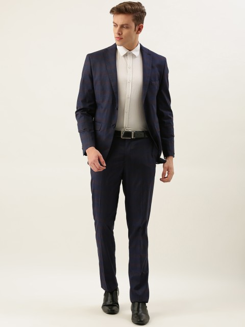

Peter England Men Navy Blue & Brown Checked Single-Breasted Tailored Fit Party Suit