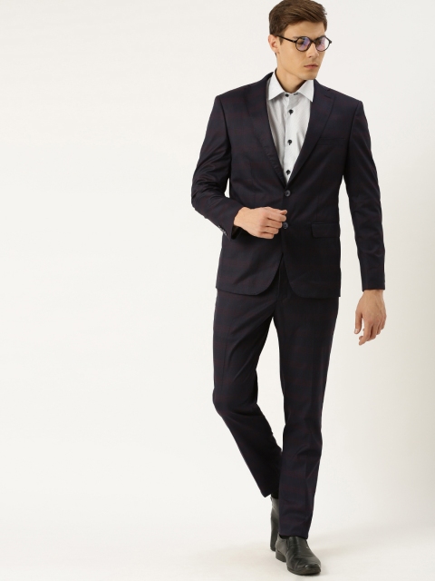 

Peter England Men Navy Blue & Maroon Checked Single-Breasted Slim Fit Formal Suit