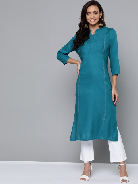 

HERE&NOW Women Teal Blue Yoke Design Straight Kurta