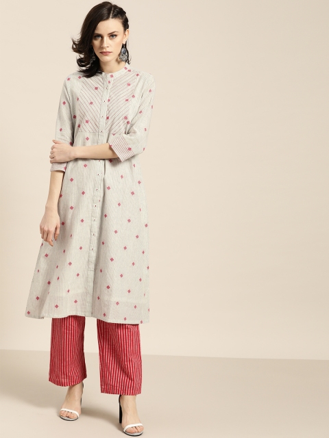 

Moda Rapido Women White & Red Woven Design Kurta with Trousers