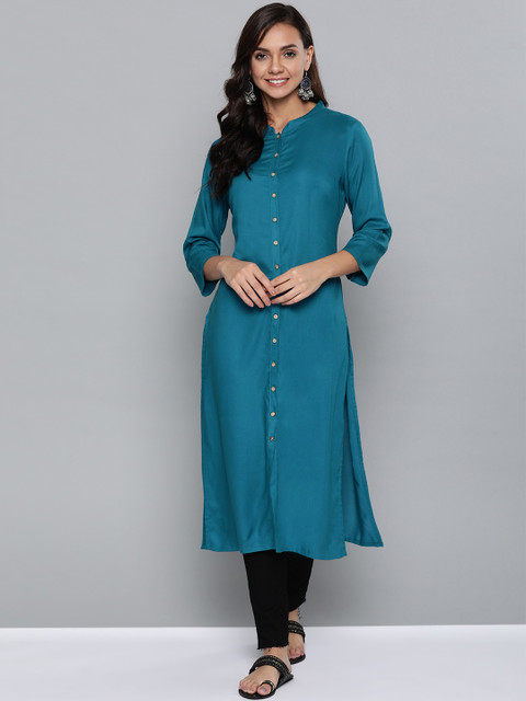 

HERE&NOW Women Teal Blue Solid Straight Kurta