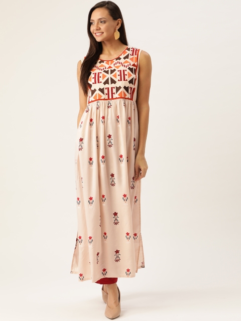 

HERE&NOW Women Beige & Red High-Slit Printed A-Line Kurta