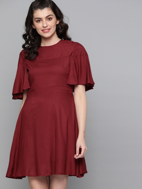 

HERE&NOW Women Maroon Solid Fit and Flare Dress