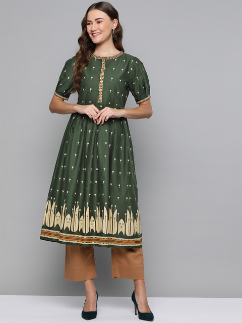 

HERE&NOW Women Green & Beige Printed A-Line Kurta