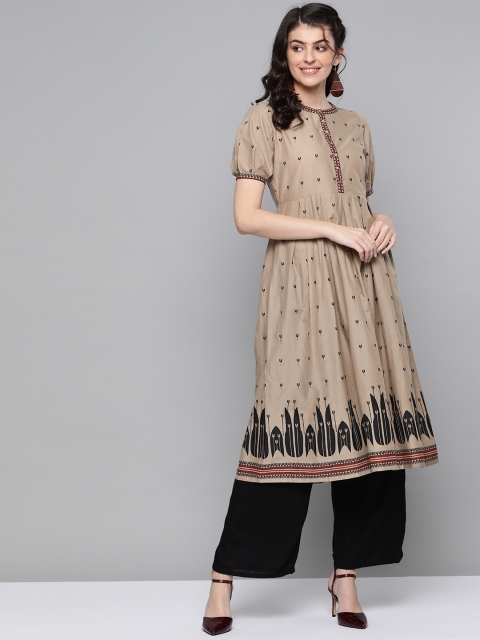 

HERE&NOW Women Beige & Black Printed A-Line Kurta