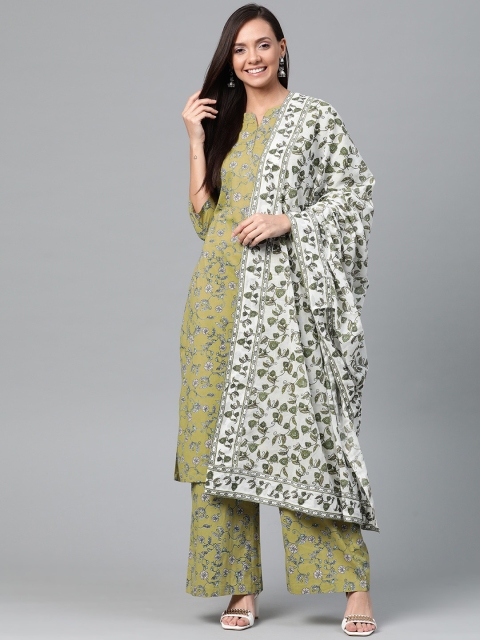 

HERE&NOW Women Olive Green & White Ethnic Printed Kurta with Palazzos & Dupatta