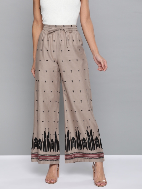 

HERE&NOW Women Beige & Black Printed Flared Palazzos