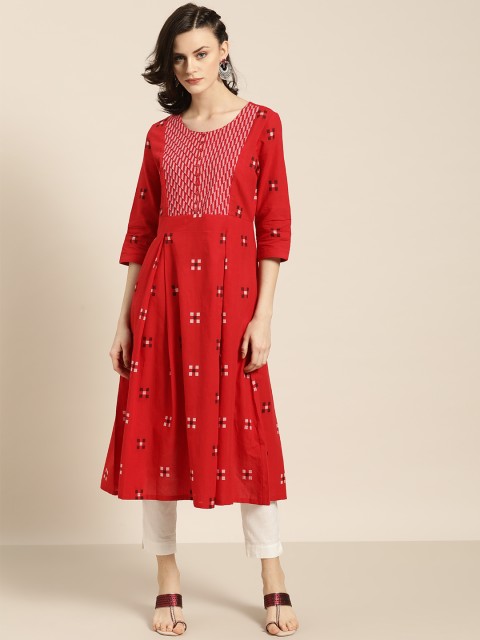 

Moda Rapido Women Red & Off-White Woven Design A-Line Kurta