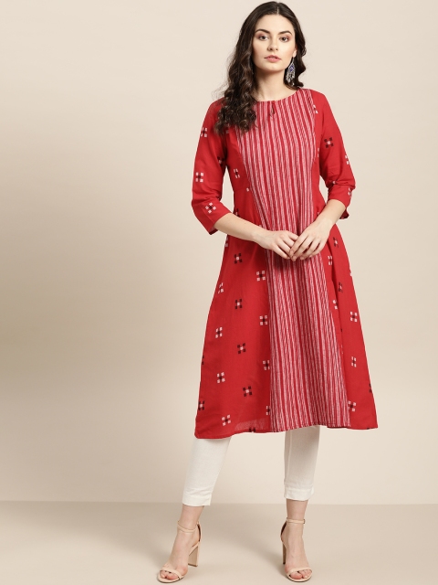

Moda Rapido Women Red & White Woven Design A-Line Kurta