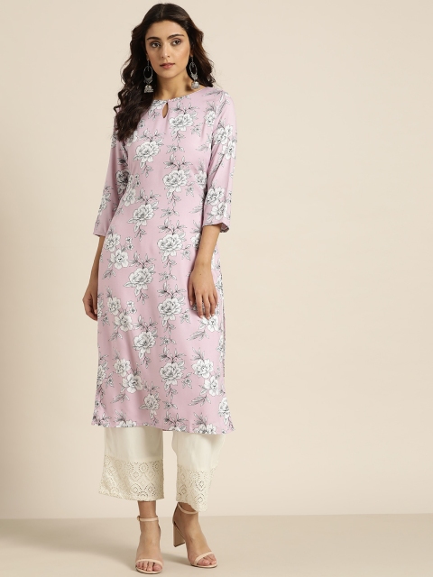 

Moda Rapido Women Pink & White Floral Print Straight Kurta