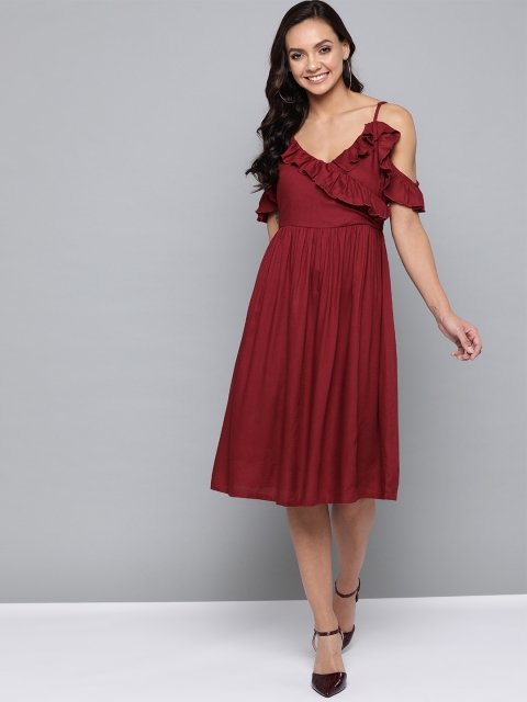 

HERE&NOW Women Maroon Cold-Shoulder Solid A-Line Dress