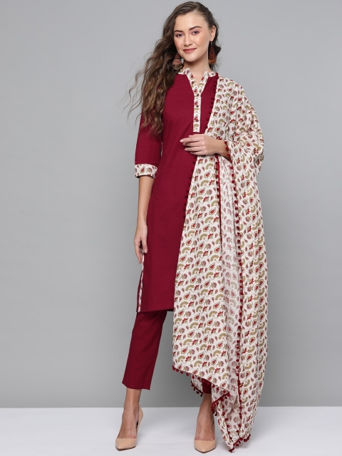 

HERE&NOW Women Maroon Solid Kurta with Trousers & Dupatta
