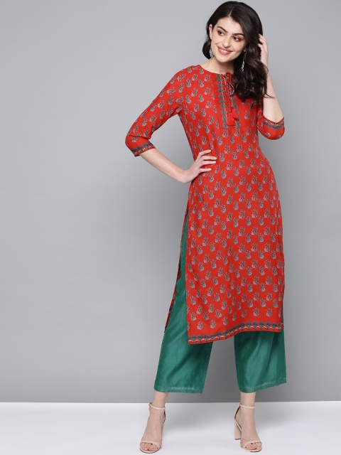 

HERE&NOW Women Red & Blue Printed Straight Kurta