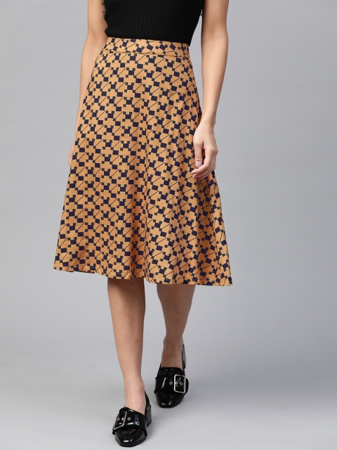 

HERE&NOW Women Brown & Navy Blue Printed A-Line Skirt