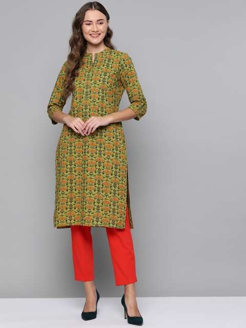 

HERE&NOW Women Green & Orange Printed Straight Kurta