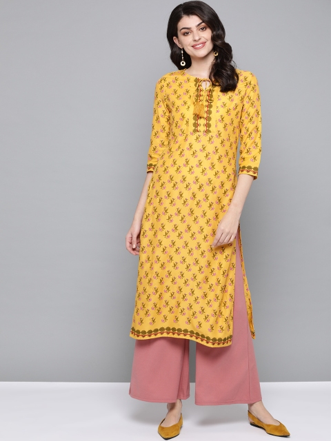 

HERE&NOW Women Yellow & Olive Green Printed Straight Kurta