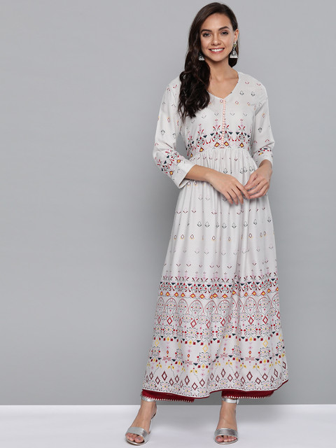 

HERE&NOW Women Grey & Red Printed A-Line Kurta