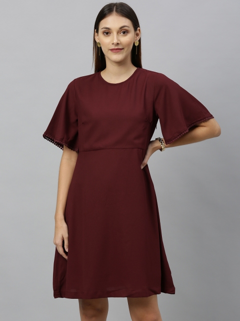 

HERE&NOW Women Maroon Solid Fit and Flare Dress with Flared Sleeves