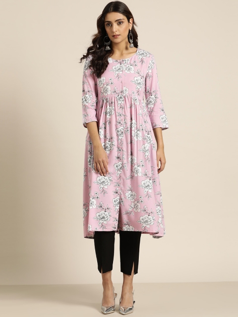 

Moda Rapido Women Pink & White Floral Printed A-Line Kurta