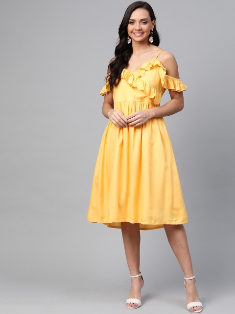

HERE&NOW Women Yellow Cold-Shoulder Ruffled A-Line Dress