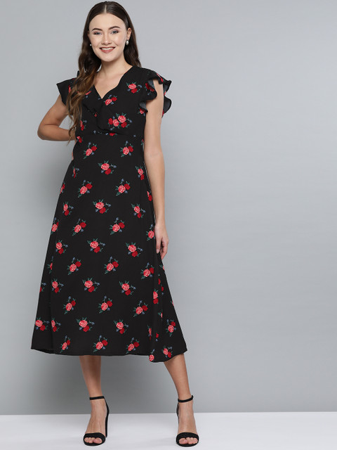 

HERE&NOW Women Black & Red Printed Wrap Dress