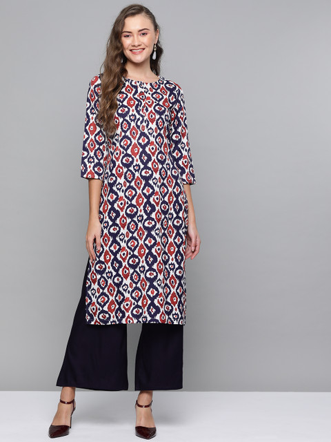 

HERE&NOW Women White & Navy Blue Printed Kurta with Palazzos