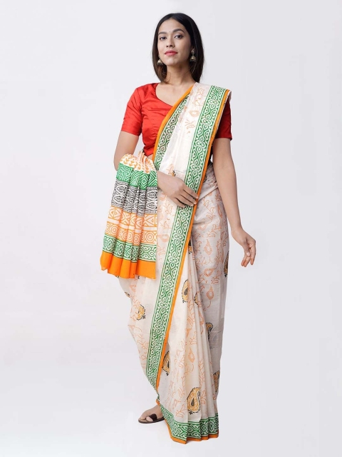 

Unnati Silks Off-White & Green Pure Cotton Printed Sustainable Saree